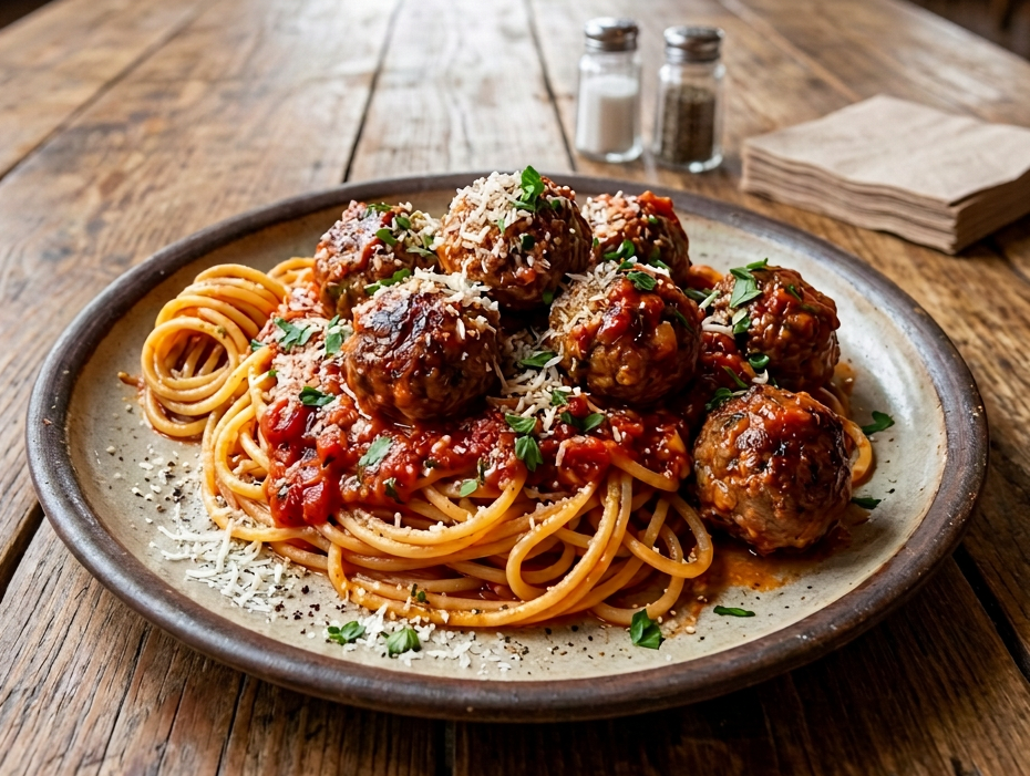 Spaghetti and meatballs with red wine and rustic bread on a dining table